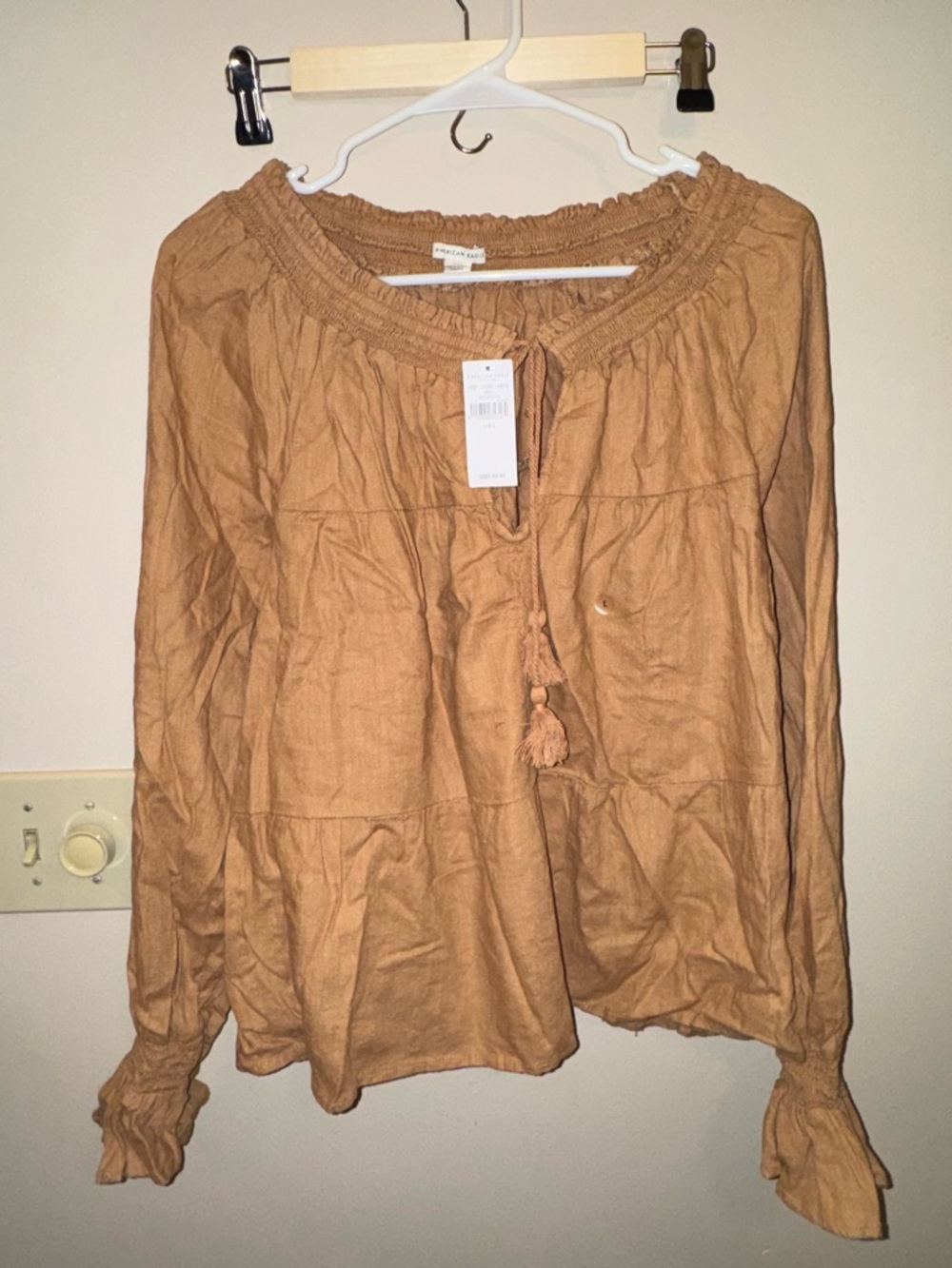 American Eagle Outfitters Tan Rust Peasant Blouse with Tassel Tie